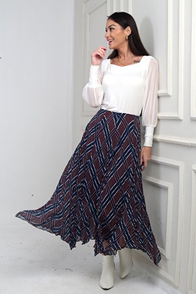 By Saygı Women's Elastic Waist Lined Plaid Crinkle Triangle Midi Skirt