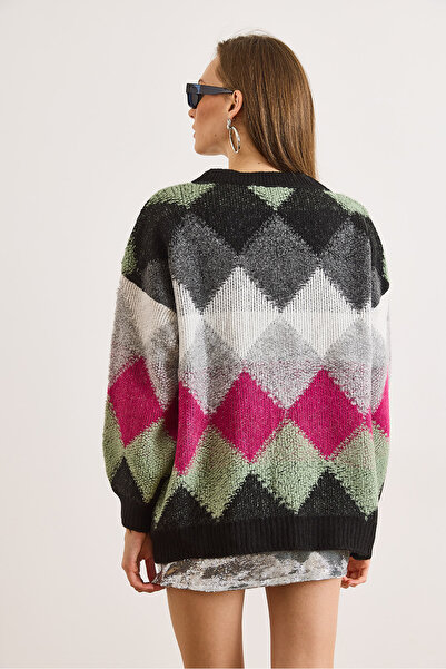 Olalook Women's Gray V-Neck Baklava Detailed Oversized Knitwear Sweater Kzk-19001050