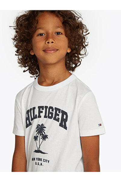Tommy Hilfiger Boys White Palm Print Short Sleeve Crew Neck T-Shirt