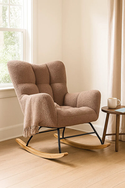 MARIA HOMES Modern Brown Fabric Rocking Armchair, Comfortable Lounge Chair with Wooden Rocker Legs for Home