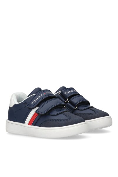 Tommy Hilfiger Kids Unisex Blue Leather Stripes Low Cut Velcro Sneakers