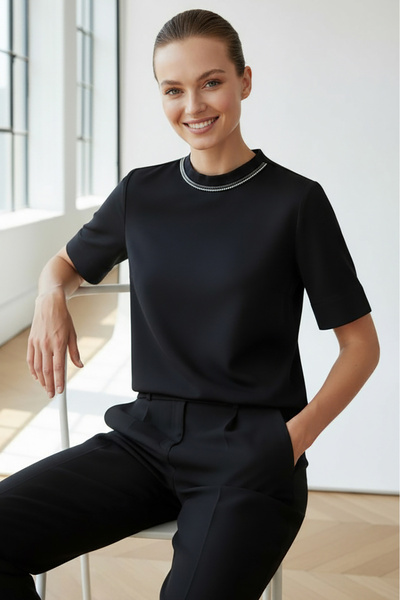 Allyco Crew Neck Knitted White T-Shirt with Stones on the Collar