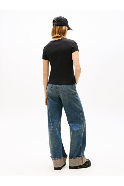 Tommy Hilfiger Women Black Logo Slim Crew Neck Short Sleeve T-Shirt