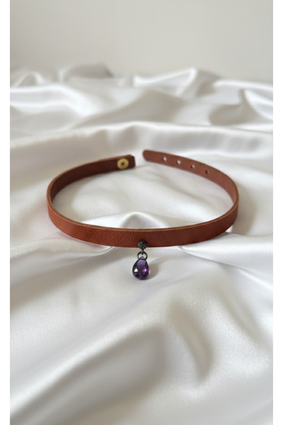 Genel Markalar 925 Ayar Mor Damla Taş Sallantılı, Deri Choker Kolye