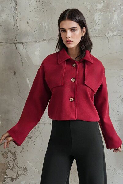 VAGGON Shirt Collar Button Closure Short Cashmere Jacket