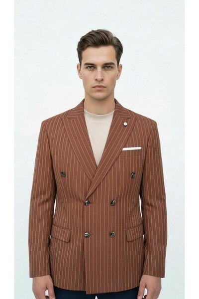 Plus Scorpion Brown Striped Men's Double-Breasted Blazer Jacket – Italian Cut, Modern Elegance