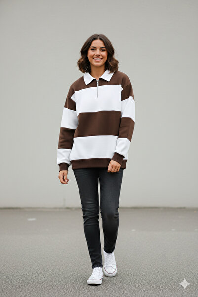 blausee wear Hanorac unisex maro cu dungi albe supradimensionat cu guler polo...