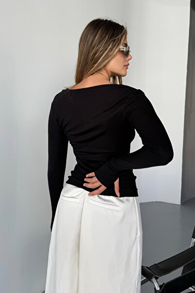 LACHT Women's V-Neck Long Sleeve Black Finger-Loop Modal Cotton Fabric Bodysuit