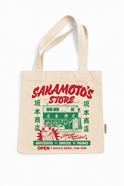 Tee&more. Sakamoto's Store Printed Canvas Tote Bag with Gusseted Velcro and Inner Pocket