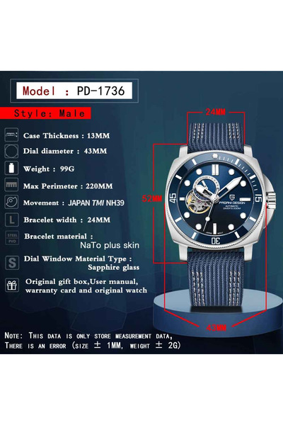 Pagani design Ceas automat bărbătesc PD-1736, mecanism japonez NH39, 43 mm, safir, curea NATO