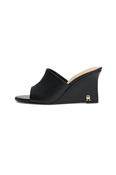 Tommy Hilfiger Women Black Open Toe Leather Wedge Sandals