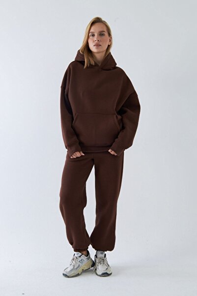 The Champ Clothing Oversized Unisex Tracksuit Set Brown – Basic, 3 Thread Fleece; K Hooded Top, Elasticated Bottom