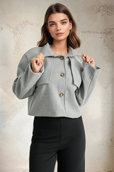 VAGGON Shirt Collar Button Closure Short Cashmere Jacket