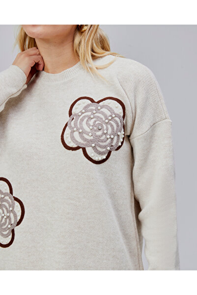 Jinx Wear Fashion Rose Lace Embroidery Pearl Detailed 2-Piece Knitwear Set