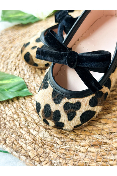 aysskids Velvet Bow Leopard Patterned Girl's Baby Ballerina Shoes