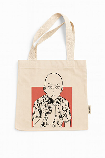 Tee&more. One Punch Man Saitama Printed Canvas Tote Bag with Gusseted Velcro and Inner Pocket