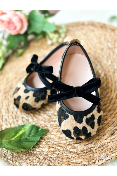 aysskids Velvet Bow Leopard Patterned Girl's Baby Ballerina Shoes