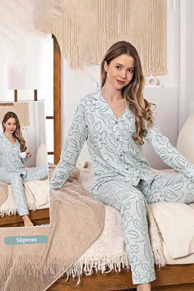 REMSA Women's Floral Pattern Buttoned Suprem Pajama Set 0391 Mint