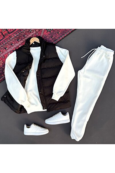THEGENTMAN Padded Puffer Vest and Three Thread Compact Crew Neck Cotton Inside Oversize Tracksuit Set 3-Piece Set