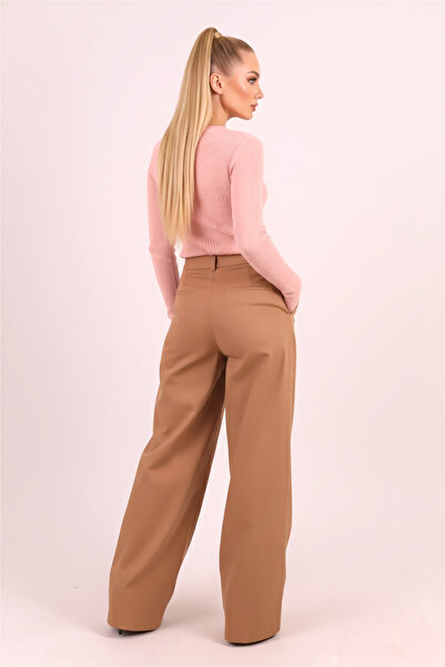 armonika Women's Beige High Waist Front Pleated Detail Wide Leg Pants Arm-26K136041