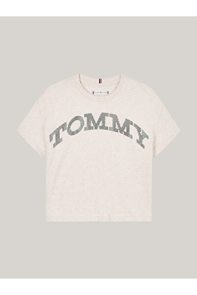 Tommy Hilfiger Girls Heathered Oat Varsity Logo Relaxed Crew Neck T-Shirt