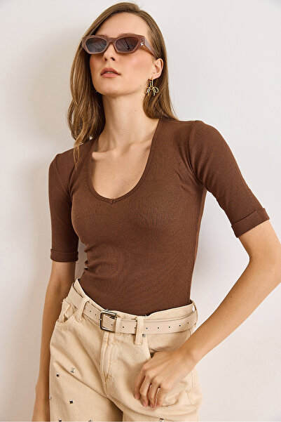 Olalook Women's Bitter Brown Deep V Neck Double Sleeve Stretchy Cotton Blouse Blz-19002951