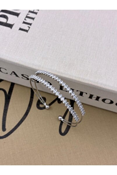 Hedef Bijuteri Silver Color Adjustable Two Row Almond Model Zircon Stone Bracelet