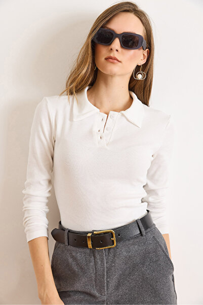 Olalook Women's Ecru Polo Neck Buttoned Long Sleeve Cotton Blouse Blz-19003170