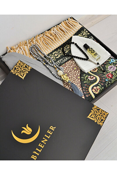 Bilenler Dowry Gift Prayer Rug Set – Prayer Rug, Scarf, Crystal Prayer Beads, Men's Prayer Beads, Skullcap with Essence Box