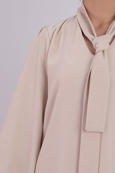 armonika Women's Ecru Collar Tie-Up Velvet Dress with Elastic Sleeves Arm-25K001087