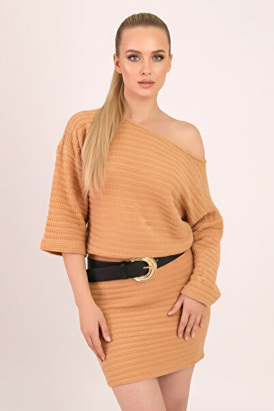 armonika Women's Camel Boat Neck Batwing Sleeve Soft Textured Dress Arm-26K001039