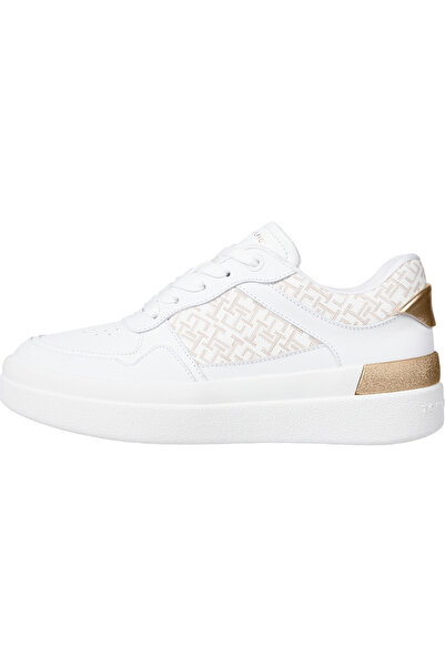 Tommy Hilfiger حذاء رياضي نسائي من الجلد برباط مع بتلات باللون الأبيض/العاجي