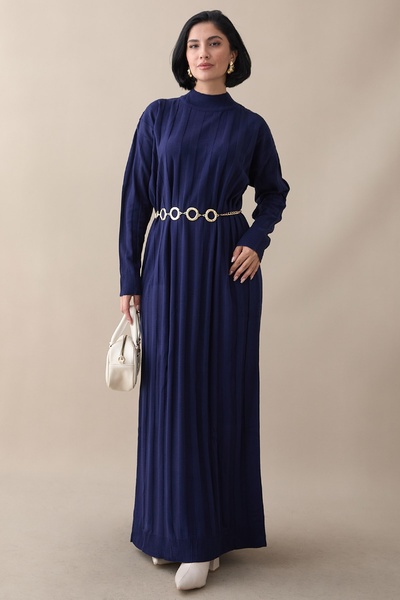 InStyle Corded Fabric Straight Sleeve Long Navy Blue Knitwear Dress