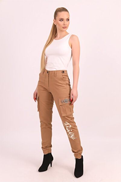 armonika Women's Beige Pockets Stone Detailed Cargo Pocket Pants Arm-26K136020