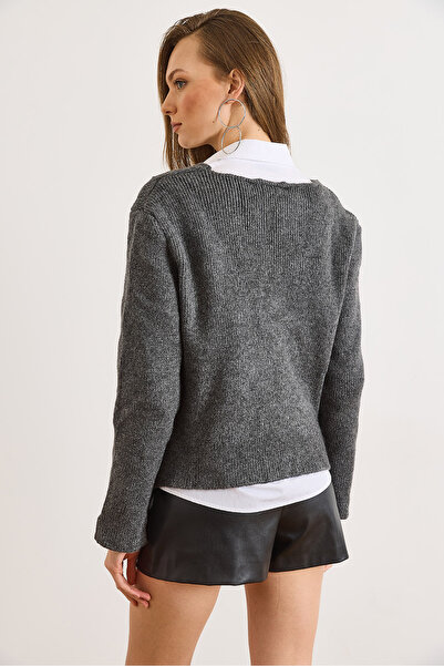 Olalook Women's Anthracite V-Neck Skirt Asymmetrical Knitwear Cardigan Hrk-19000439