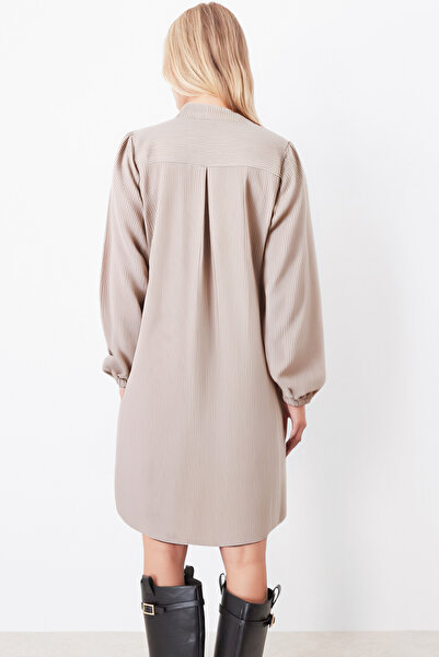 armonika Women's Ecru Collar Tie-Up Velvet Dress with Elastic Sleeves Arm-25K001087