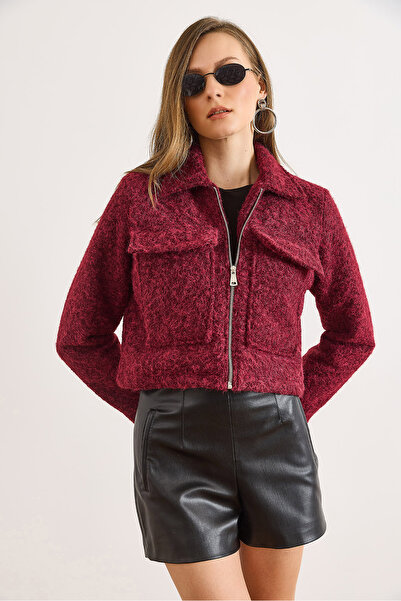 Olalook Women's Burgundy Pocket Lined Fleece-Lined Cashmere Jacket Ckt-19000495