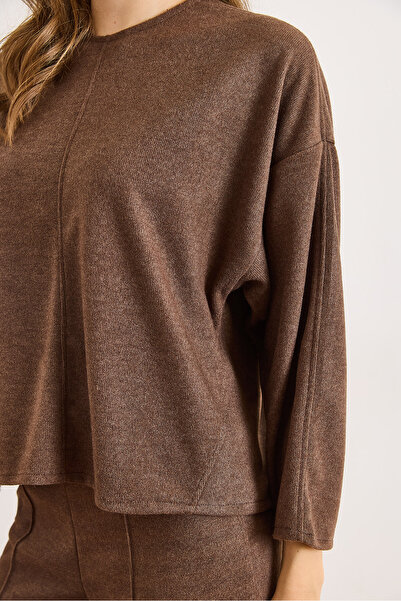 Olalook Women's Brown Crew Neck Stitching Detail Flowy Thessaloniki Blouse Blz-19003164