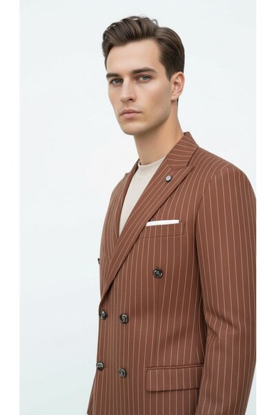 Plus Scorpion Brown Striped Men's Double-Breasted Blazer Jacket – Italian Cut, Modern Elegance