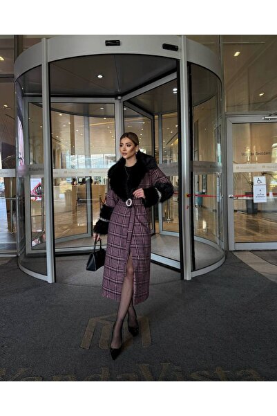 Siseniorita Women's Houndstooth/Plaid Long Coat with Fur Collar and Cuffs - High Slit