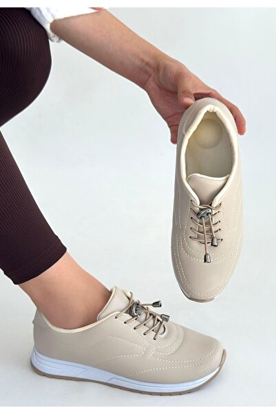 Erbilden Finna Beige Leather Lace-Up Sneakers