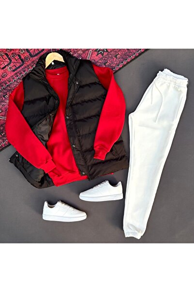 THEGENTMAN Padded Puffer Vest and Three Thread Compact Crew Neck Cotton Inside Oversize Tracksuit Set 3-Piece Set