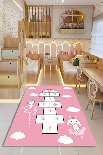 Kessy Home Studio Pompi Kız Bebek Halısı Pembe Sek Sek Oyun Alanlı Kaymaz Tab...