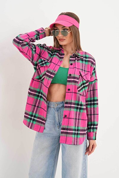 Polologin Butik Cămașă sport verde fucsia cu buzunare croială