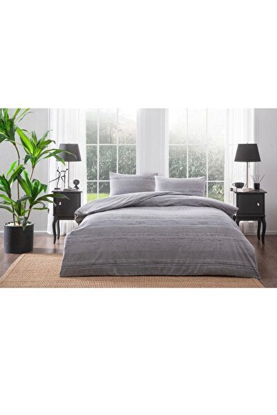 Taç Flanel Fresco Gri Çizgili Çift Kişilik Nevresim Takımı