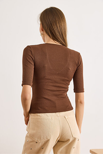 Olalook Women's Bitter Brown Deep V Neck Double Sleeve Stretchy Cotton Blouse Blz-19002951