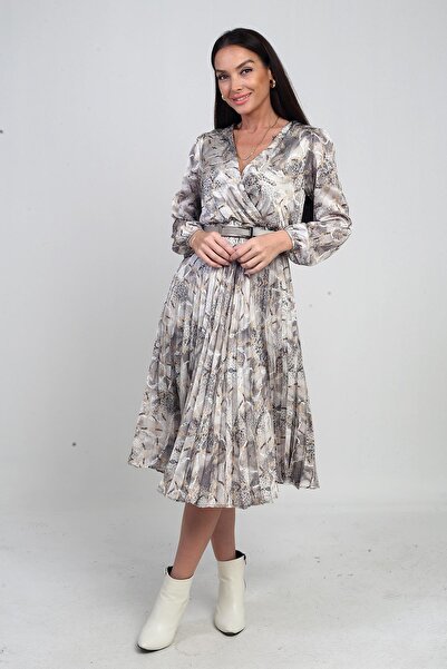 By Saygı Women's Double Breasted Collar Belted Waist Lined Chain Pattern Pleated Midi Satin Dress