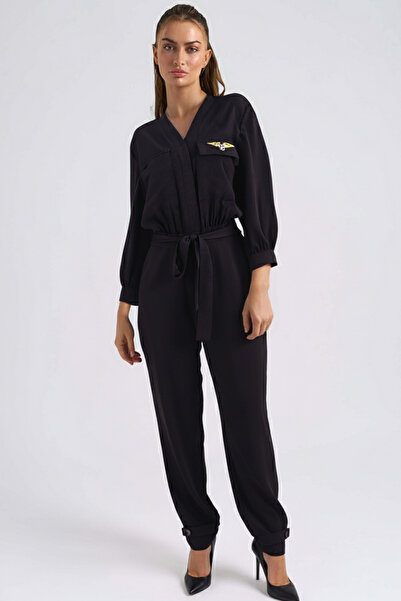 armonika Women's Black V-Neck Belted Pocketed Jumpsuit Arm-26K136044