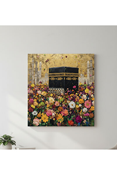 Dekor Paleti Kabe ve Çiçek Bahçesi Temalı Kanvas Tablo | Altın Fonlu İslami D...