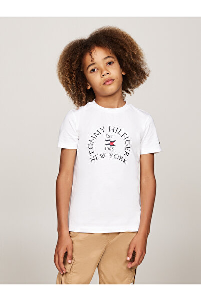 Tommy Hilfiger Boys White Logo Print Crew Neck T-Shirt